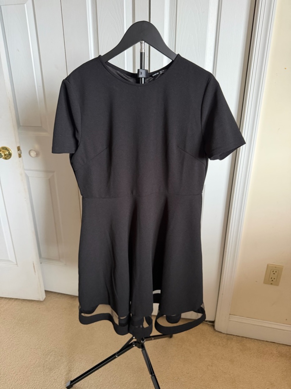 SHEIN Black Midi Fit-and-Flare Dress with Mesh Hem